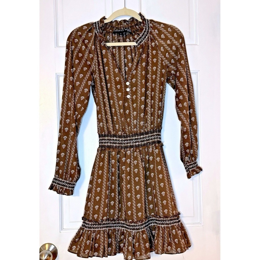 Veronica Beard Dress Espie Floral Long Sleeve Cotton Brown XS Boho Peasant